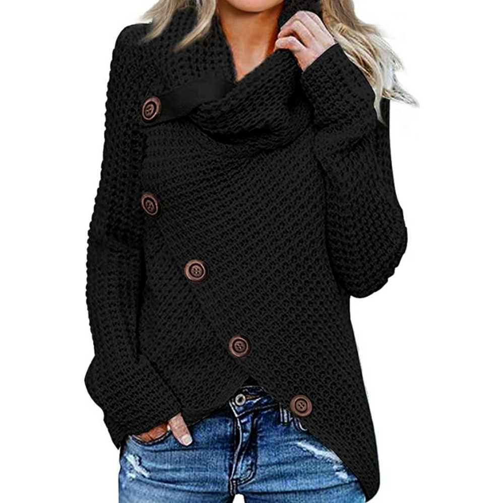 Button Turtle Cowl Neck Asymmetric Hem pullover